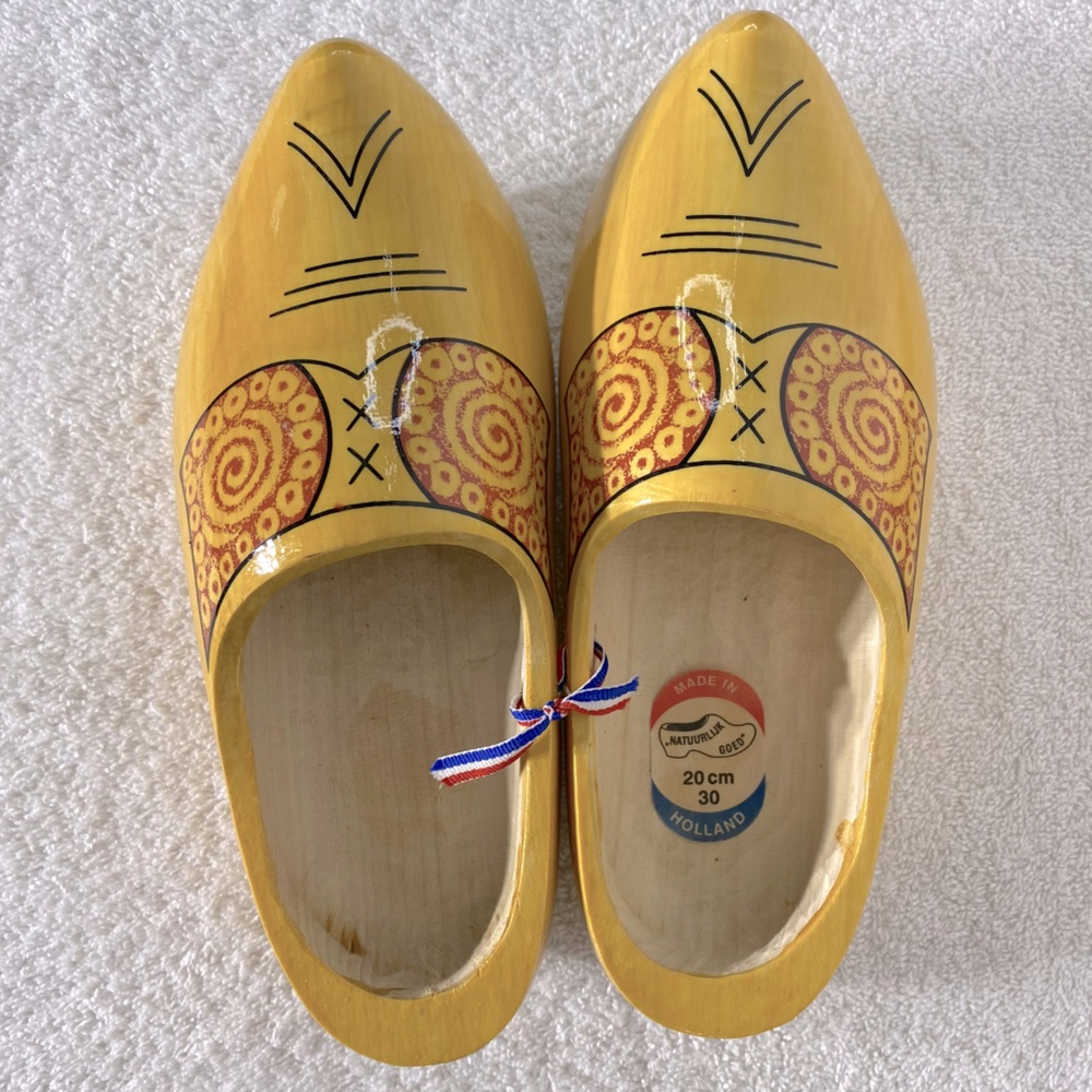 Vintage Handmade Yellow Wooden Dutch Clogs with Spiral Design
